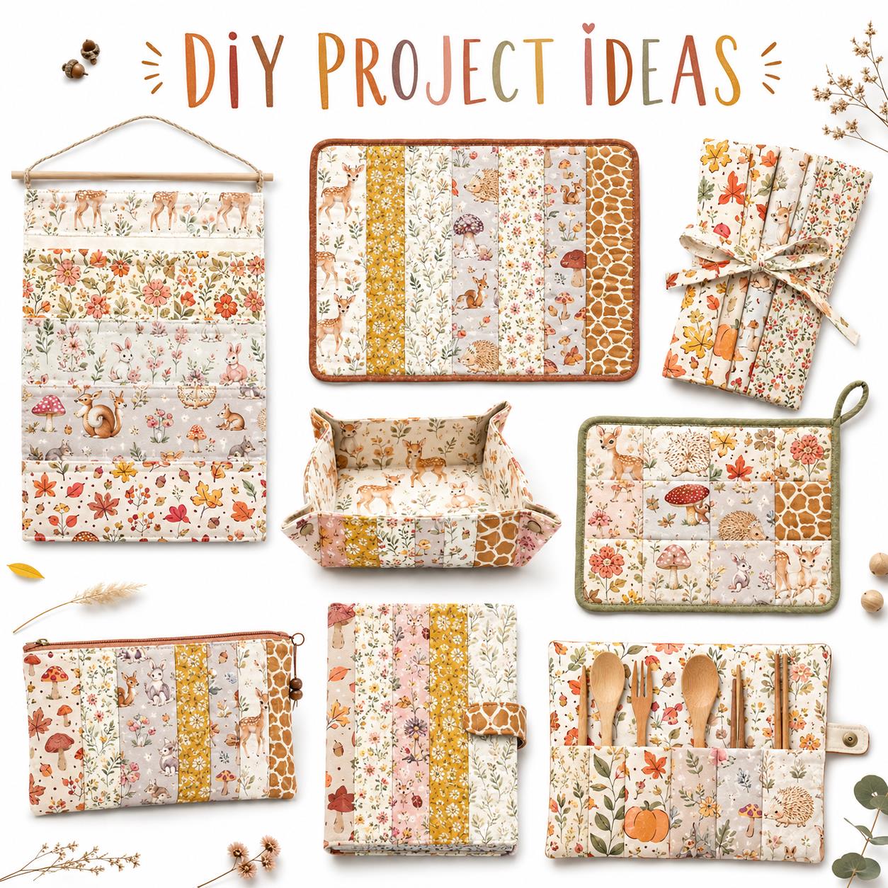 10pcs Vintage Mushroom Deer Autumn Pattern Jelly Roll Fabric Strips 2.5X19.7inch Pre-cut 100% Polyester for Patchwork Quilts, Table Runners, Placemats, Tote Bags, Storage Pouches, Makeup Bags, Coasters, Quilt Blocks & Binding