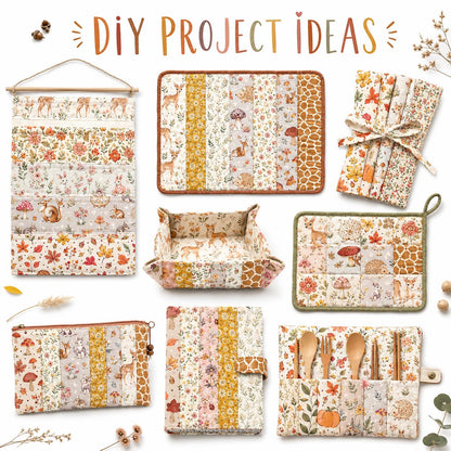 10pcs Vintage Mushroom Deer Autumn Pattern Jelly Roll Fabric Strips 2.5X19.7inch Pre-cut 100% Polyester for Patchwork Quilts, Table Runners, Placemats, Tote Bags, Storage Pouches, Makeup Bags, Coasters, Quilt Blocks & Binding
