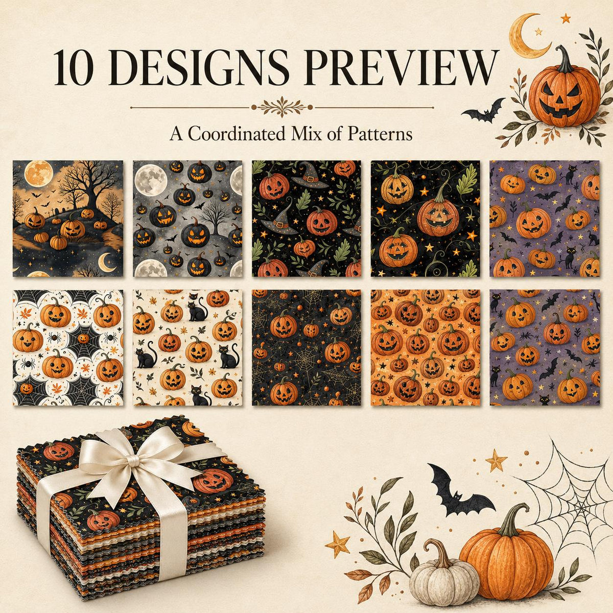 10pcs Charm Pack Set Halloween Pumpkin Holly Snow Pattern Vintage Style Handmade DIY with Rich Color and Texture Elements 100% Polyester Patchwork in 10 Design Styles Suitable for Patchwork DIY Craft Projects DIY Wallet Making Gift Giving Bag Making Mothe