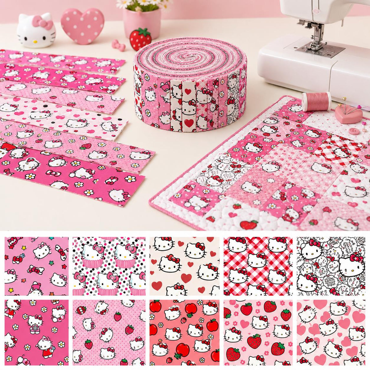 10pcs Vintage Kuromi Hello Kitty Halloween Pattern Jelly Roll Fabric Strips 2.5X19.7inch Pre-cut 100% Polyester for Patchwork Quilts, Table Runners, Placemats, Tote Bags, Storage Pouches, Makeup Bags, Coasters, Quilt Blocks & Binding