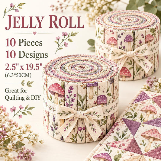 10pcs Vintage Mushroom Pattern Jelly Roll Fabric Strips 2.5X19.7inch Pre-Cut 100% Polyester For Patchwork Quilts, Table Runners, Placemats, Tote Bags, Storage Pouches, Makeup Bags, Coasters, Quilt Blocks & Binding