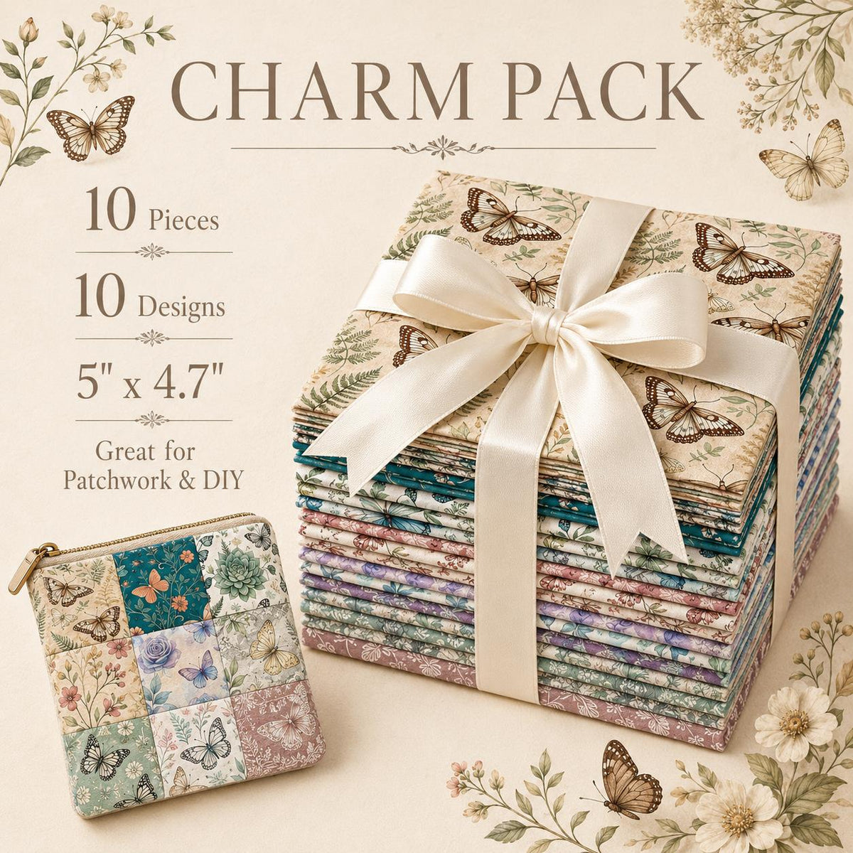 10pcs Charm Pack Set Floral Butterfly Pattern Vintage Style Handmade DIY with Rich Color and Texture Elements 100% Polyester Patchwork in 10 Design Styles Suitable for Patchwork DIY Craft Projects DIY Wallet Making Gift Giving Bag Making Mother's Day Gift