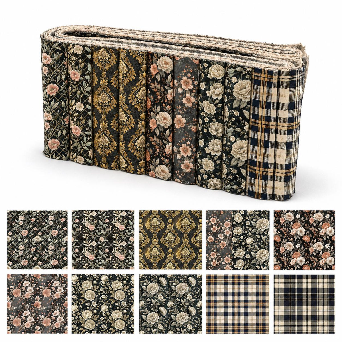 10pcs Vintage Floral Pattern Jelly Roll Fabric Strips 2.5X19.7inch Pre-Cut 100% Polyester For Patchwork Quilts, Table Runners, Placemats, Tote Bags, Storage Pouches, Makeup Bags, Coasters, Quilt Blocks & Binding