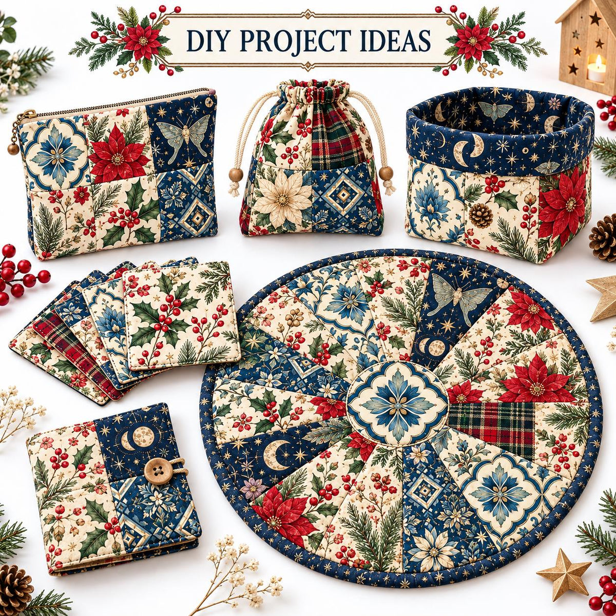 10Pc/Set Christmas Flower Series Plaid Tree Holly Pinecones Fat Quarter Fabric, Pre-Cut Square Fabric Assort, Fabric Set, Craft Fabric, Handmade DIY Patchwork Fabric,Home Quilting Sewing Fabric, Packaging Fabric, Scrapbooking Craft Hobbyist