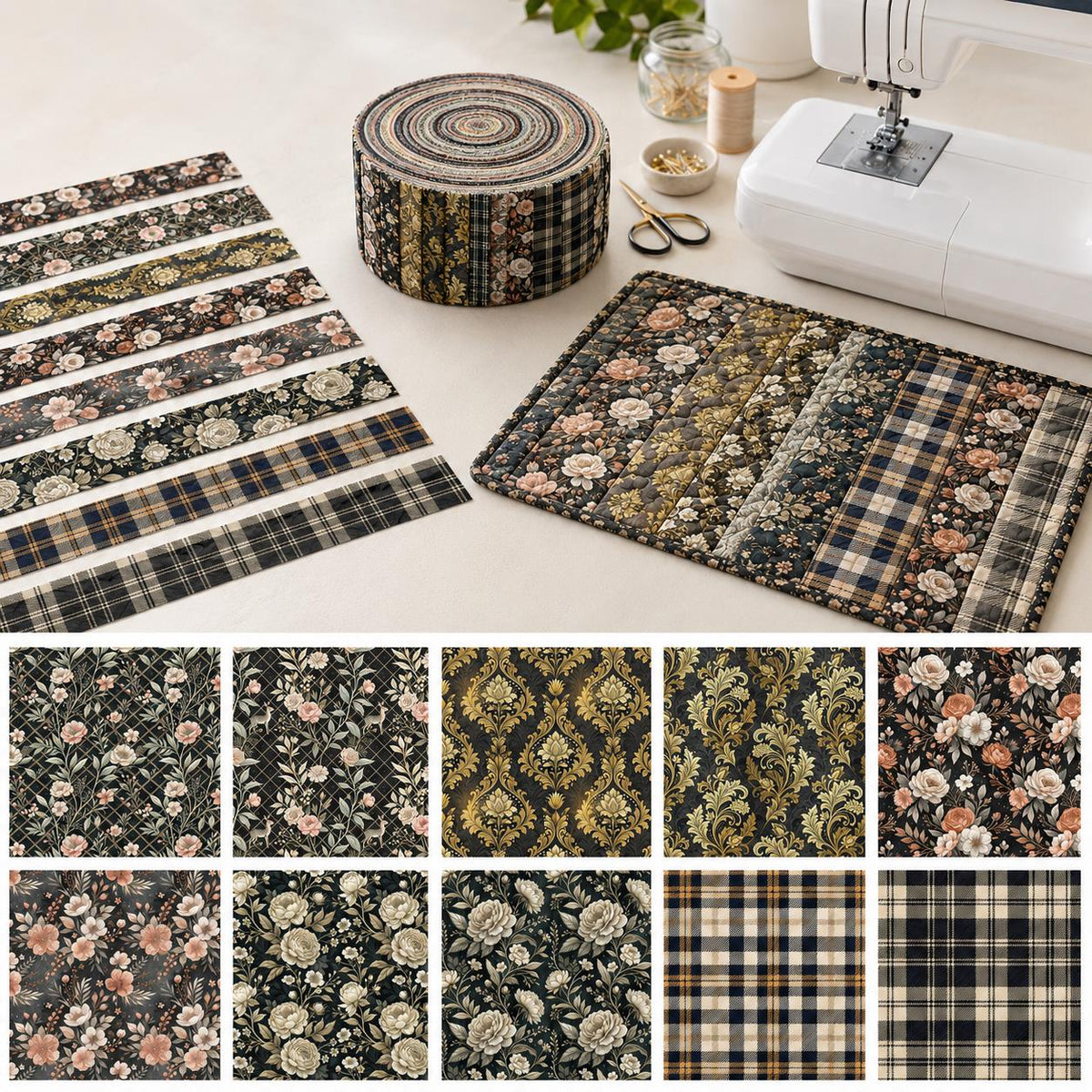 10pcs Vintage Floral Pattern Jelly Roll Fabric Strips 2.5X19.7inch Pre-Cut 100% Polyester For Patchwork Quilts, Table Runners, Placemats, Tote Bags, Storage Pouches, Makeup Bags, Coasters, Quilt Blocks & Binding