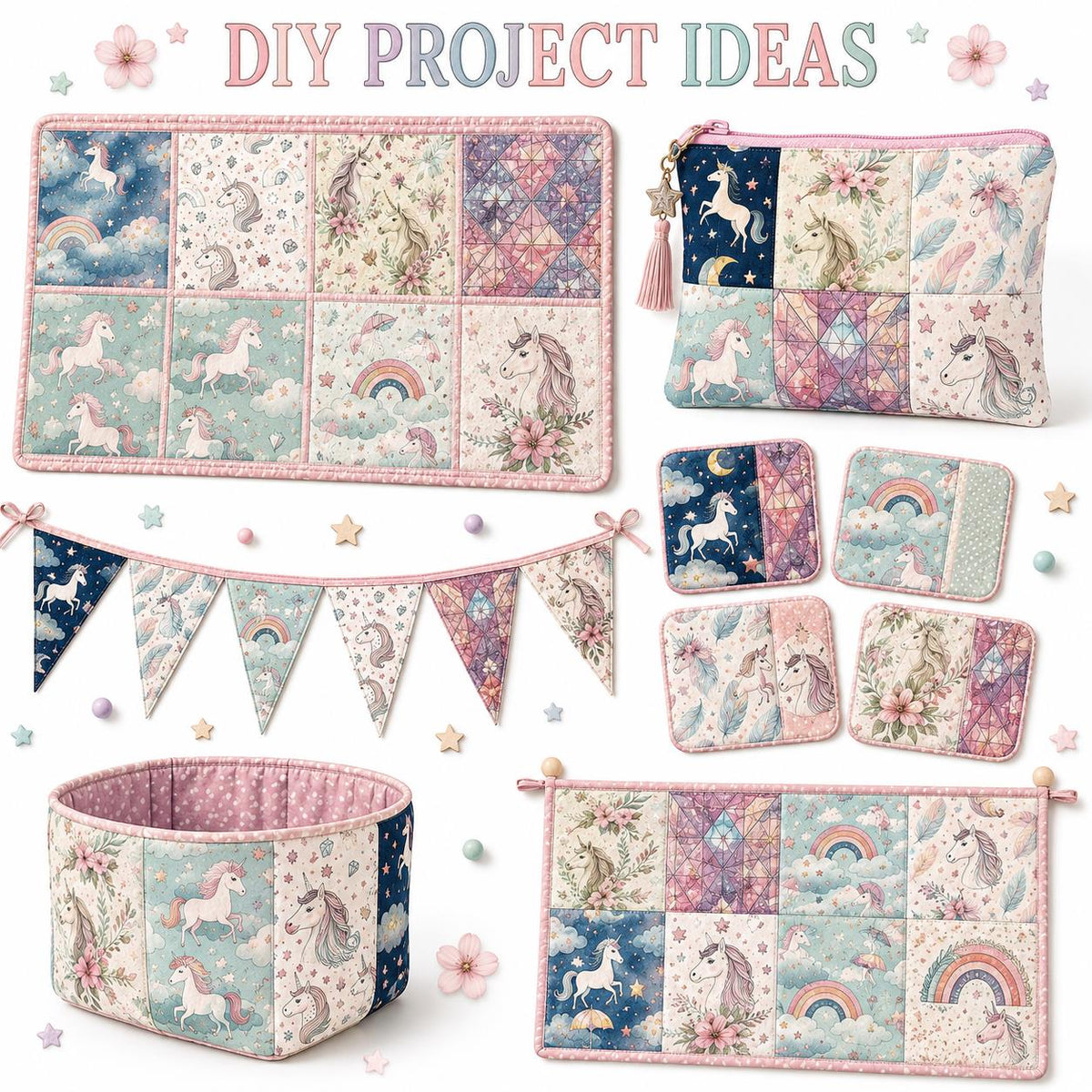 10Pc/Set Unicorn Series Flower Star Moon Umbrella Cloud Fat Quarter Fabric, Pre-Cut Square Fabric Assort, Fabric Set, Craft Fabric, Handmade DIY Patchwork Fabric,Home Quilting Sewing Fabric, Packaging Fabric, Scrapbooking Craft Hobbyist