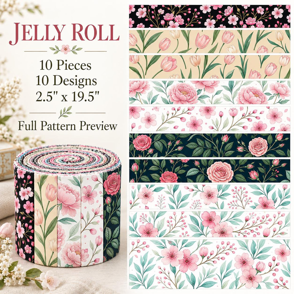 10pcs Vintage Floral Pattern Jelly Roll Fabric Strips 2.5X19.7inch Pre-Cut 100% Polyester For Patchwork Quilts, Table Runners, Placemats, Tote Bags, Storage Pouches, Makeup Bags, Coasters, Quilt Blocks & Binding