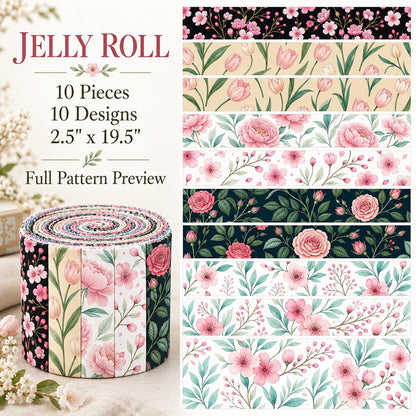10pcs Vintage Floral Pattern Jelly Roll Fabric Strips 2.5X19.7inch Pre-Cut 100% Polyester For Patchwork Quilts, Table Runners, Placemats, Tote Bags, Storage Pouches, Makeup Bags, Coasters, Quilt Blocks & Binding