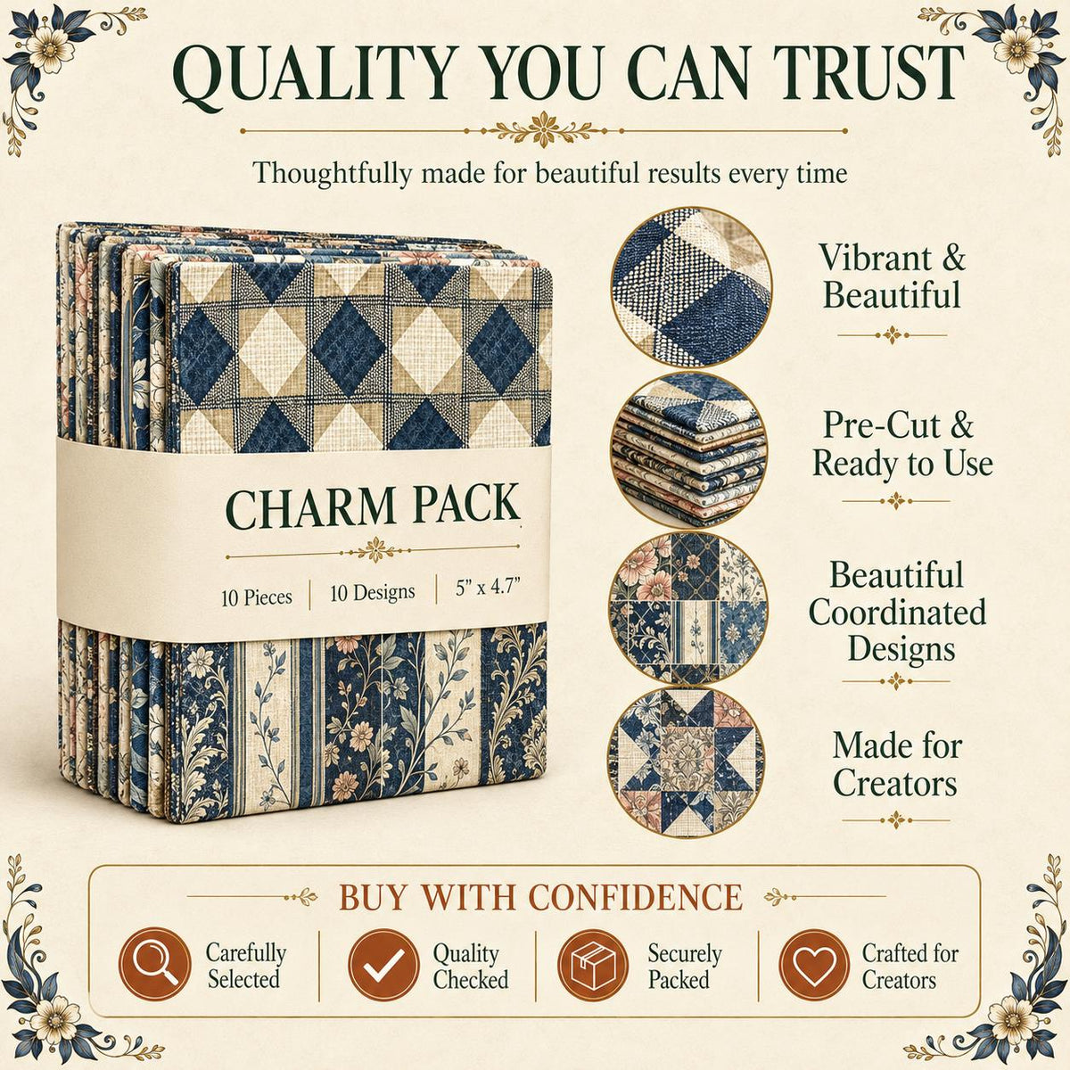 10pcs Charm Pack Set Floral Plaid Pattern Vintage Style Pattern Handmade DIY with Rich Color and Texture Elements 100% Polyester Patchwork in 10 Design Styles Suitable for Patchwork DIY Craft Projects DIY Wallet Making Gift Giving Bag Making