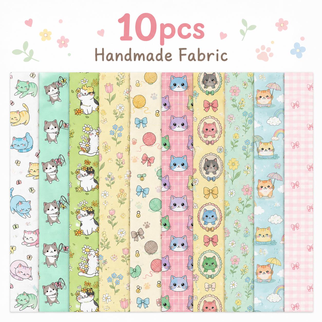 10pcs Vintage Floral Cat Pattern Jelly Roll Fabric Strips 2.5X19.7inch Pre-Cut 100% Polyester For Patchwork Quilts, Table Runners, Placemats, Tote Bags, Storage Pouches, Makeup Bags, Coasters, Quilt Blocks & Binding