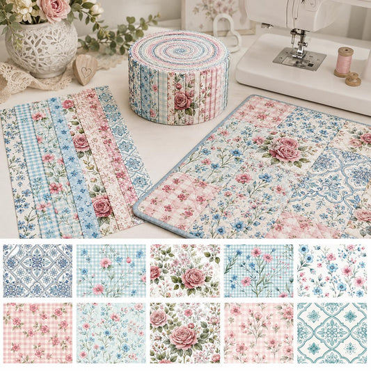 10pcs Vintage Pink Flora Plaid Jelly Roll Fabric Strips 2.5X19.7inch Pre-Cut 100% Polyester For Patchwork Quilts, Table Runners, Placemats, Tote Bags, Storage Pouches, Makeup Bags, Coasters, Quilt Blocks & Binding For Mother's Day Mother Gift