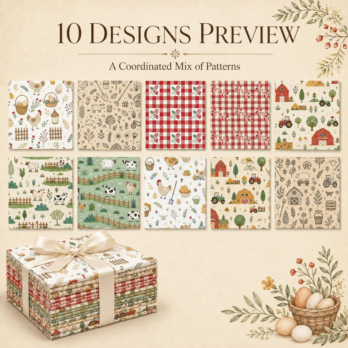 10pcs Charm Pack Set Hen Egg Sheep Farm Pattern Vintage Style Handmade DIY with Rich Color and Texture Elements 100% Polyester Patchwork in 10 Design Styles Suitable for Patchwork DIY Craft Projects DIY Wallet Making Gift Giving Bag Making Mother's Day Gi