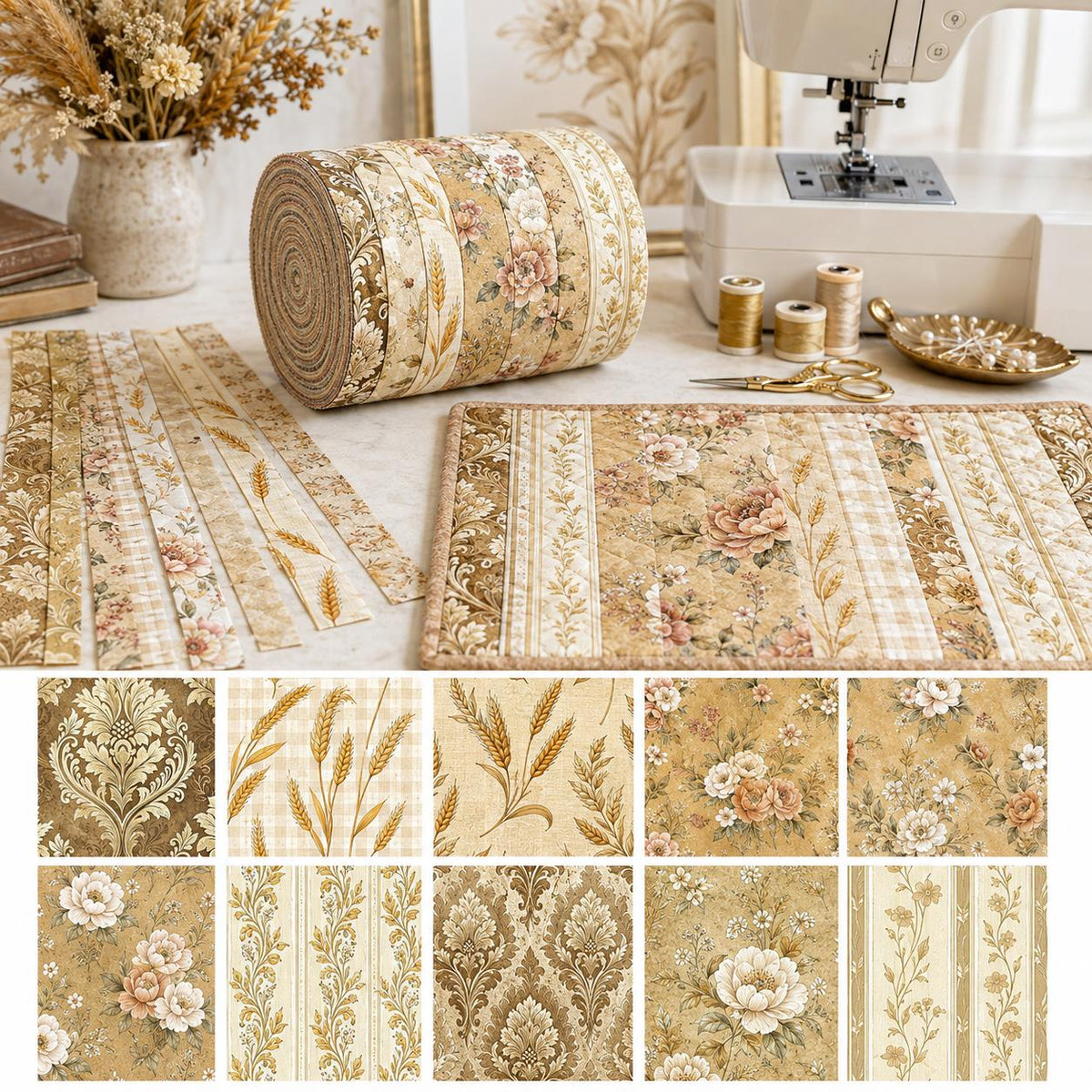 10pcs Vintage Floral Ear Of Wheat Autumn Pattern Jelly Roll Fabric Strips 2.5X19.7inch Pre-Cut 100% Polyester For Patchwork Quilts, Table Runners, Placemats, Tote Bags, Storage Pouches, Makeup Bags, Coasters, Quilt Blocks & Binding