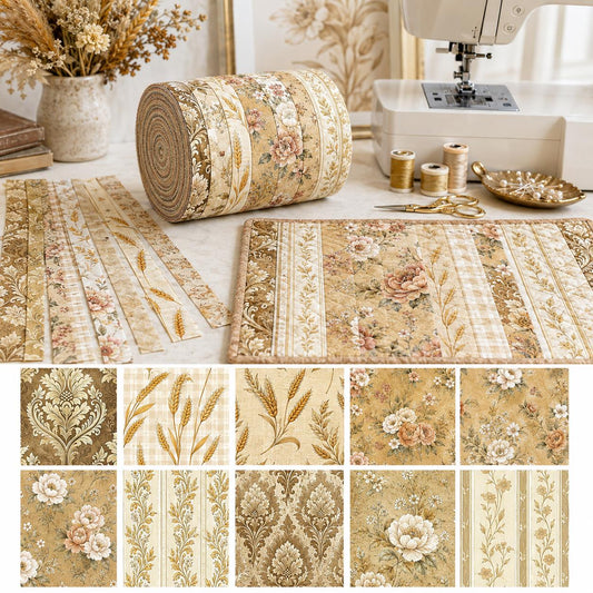 10pcs Vintage Floral Ear Of Wheat Autumn Pattern Jelly Roll Fabric Strips 2.5X19.7inch Pre-Cut 100% Polyester For Patchwork Quilts, Table Runners, Placemats, Tote Bags, Storage Pouches, Makeup Bags, Coasters, Quilt Blocks & Binding