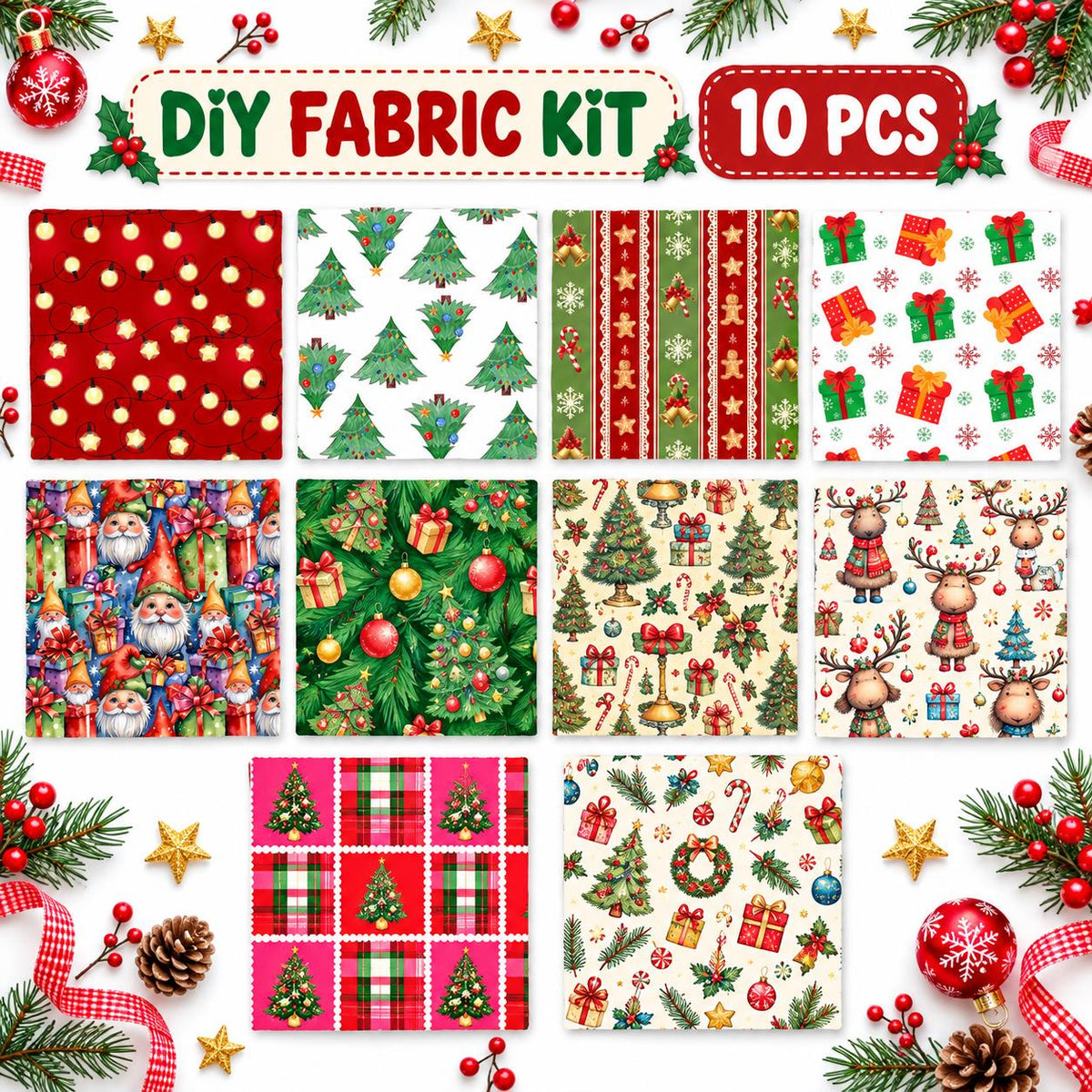 10Pc/Set Christmas Series Star Plaid Deer Santa Claus Crutch Fat Quarter Fabric, Pre-Cut Square Fabric Assort, Fabric Set, Craft Fabric, Handmade DIY Patchwork Fabric,Home Quilting Sewing Fabric, Packaging Fabric, Scrapbooking Craft Hobbyist