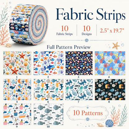 10Pc/Set, Making 10 Images 1pc Each, Each Size: 6.3*50cm Coral Dolphin Jellyfish Ocean Series Sliced Fabric Set Style Combination, Polyester Jelly Roll Fabric Strips, Pre-Cut Quilting Squares, For Quilting DIY, Handicrafts And Sewing, Blankets, Rugs