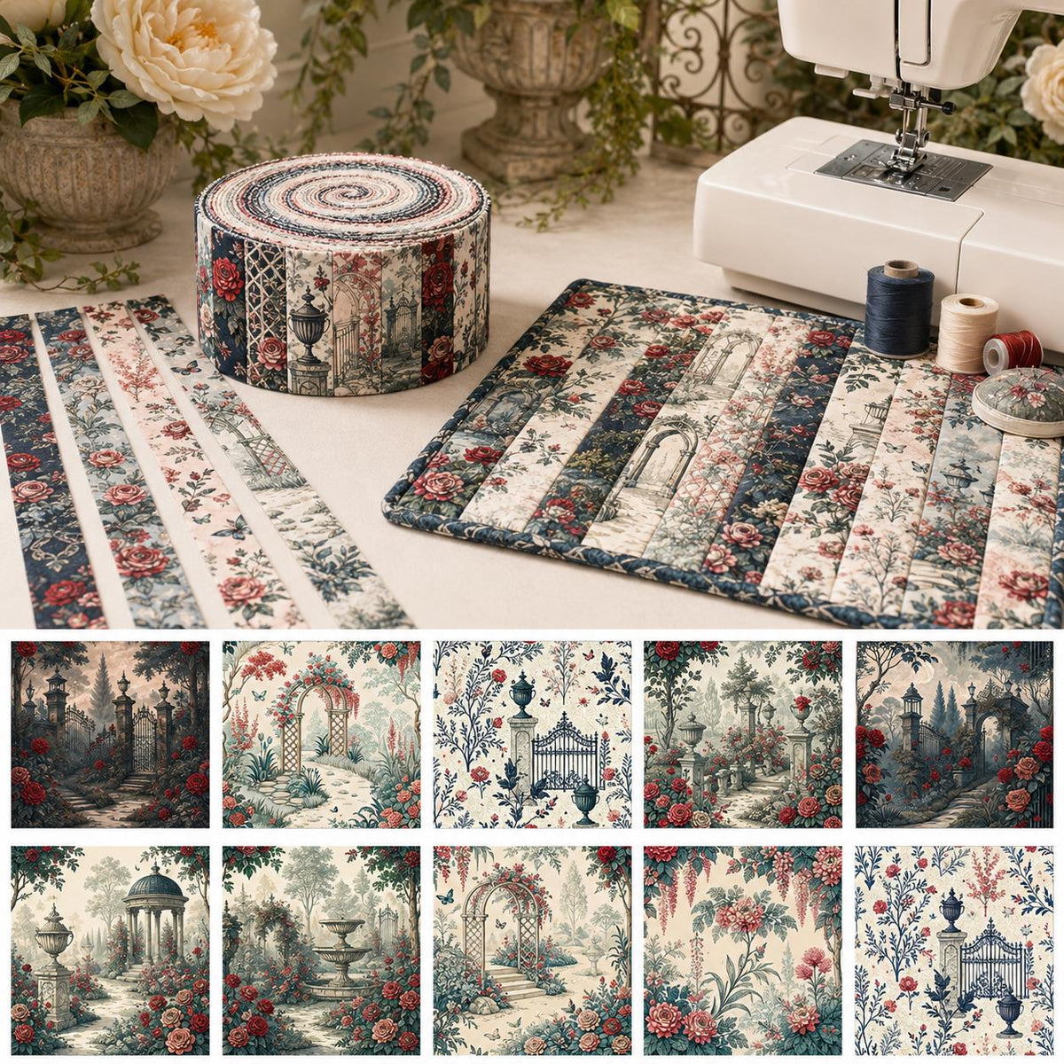 10pcs Vintage Floral Door Pavilion Pattern Jelly Roll Fabric Strips 2.5X19.7inch Pre-Cut 100% Polyester For Patchwork Quilts, Table Runners, Placemats, Tote Bags, Storage Pouches, Makeup Bags, Coasters, Quilt Blocks & Binding