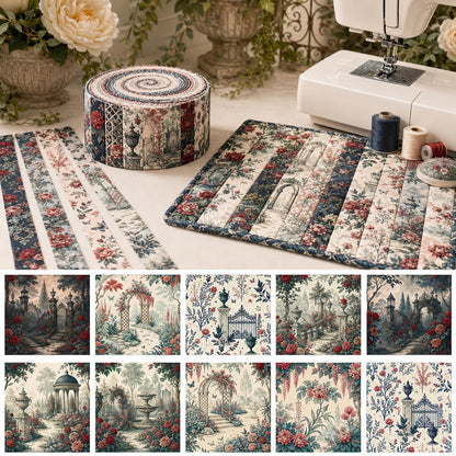10pcs Vintage Floral Door Pavilion Pattern Jelly Roll Fabric Strips 2.5X19.7inch Pre-Cut 100% Polyester For Patchwork Quilts, Table Runners, Placemats, Tote Bags, Storage Pouches, Makeup Bags, Coasters, Quilt Blocks & Binding