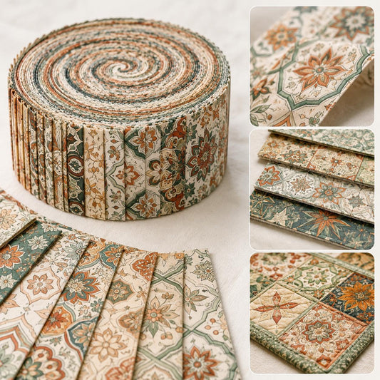 10pcs Vintage Geometric Floral Pattern Jelly Roll Fabric Strips 2.5X19.7inch Pre-Cut 100% Polyester For Patchwork Quilts, Table Runners, Placemats, Tote Bags, Storage Pouches, Makeup Bags, Coasters, Quilt Blocks & Binding