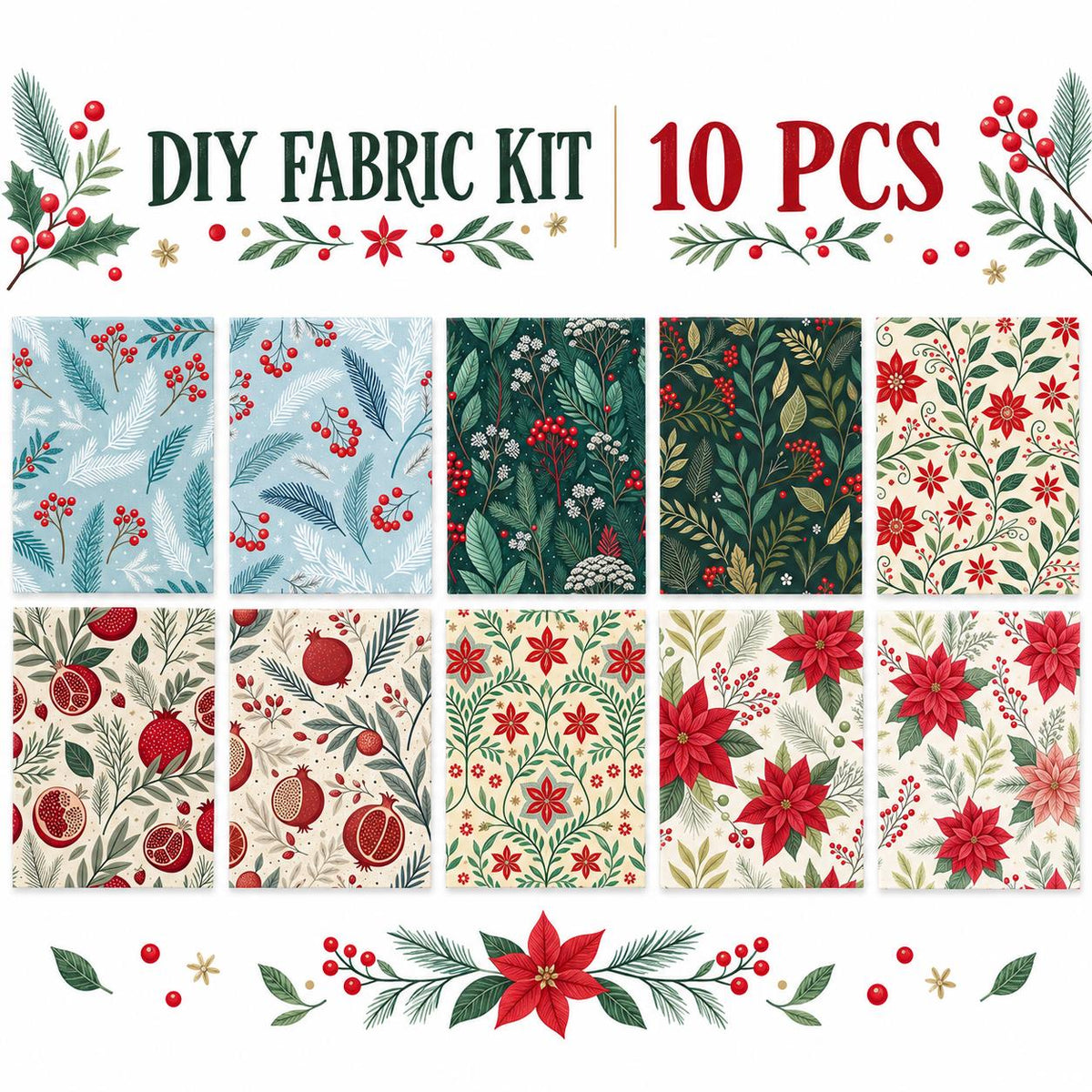 10Pc/Set Christmas Series Flower Pomegranate Holly Fat Quarter Fabric, Pre-Cut Square Fabric Assort, Fabric Set, Craft Fabric, Handmade DIY Patchwork Fabric,Home Quilting Sewing Fabric, Packaging Fabric, Scrapbooking Craft Hobbyist