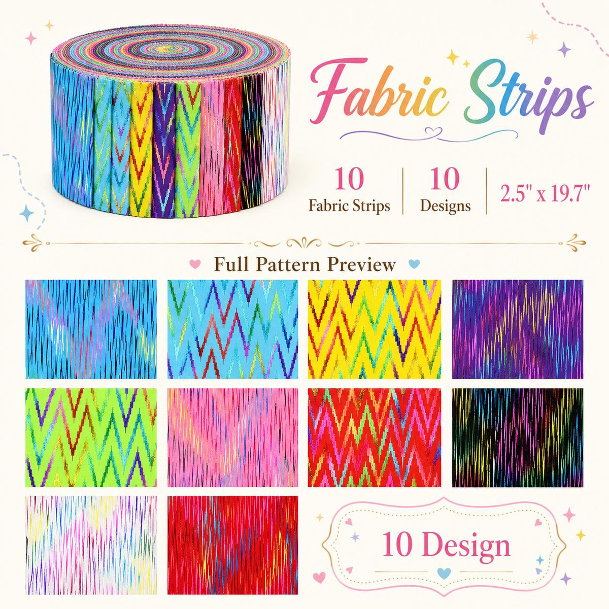 10pcs Vintage Chevron, Zig Zags Pattern Jelly Roll Fabric Strips 2.5X19.7inch Pre-Cut 100% Polyester For Patchwork Quilts, Table Runners, Placemats, Tote Bags, Storage Pouches, Makeup Bags, Coasters, Quilt Blocks & Binding