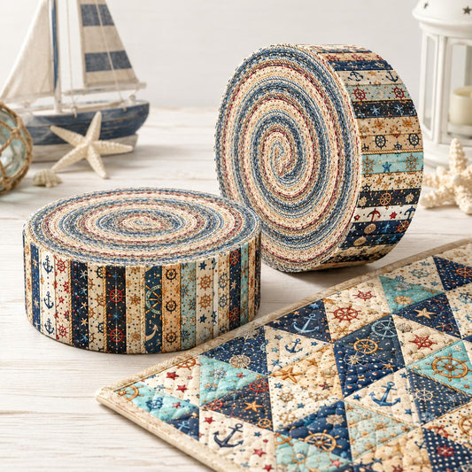 10pcs Vintage Anchor Pattern Jelly Roll Fabric Strips 2.5X19.7inch Pre-Cut 100% Polyester For Patchwork Quilts, Table Runners, Placemats, Tote Bags, Storage Pouches, Makeup Bags, Coasters, Quilt Blocks & Binding