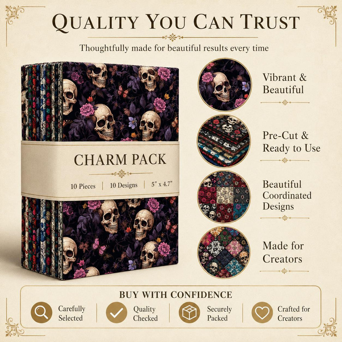 10pcs Charm Pack Set Skull Black Halloween Vintage Style Pattern Handmade DIY with Rich Color and Texture Elements 100% Polyester Patchwork in 10 Design Styles Suitable for Patchwork DIY Craft Projects DIY Wallet Making Gift Giving Bag Making Mother's Day