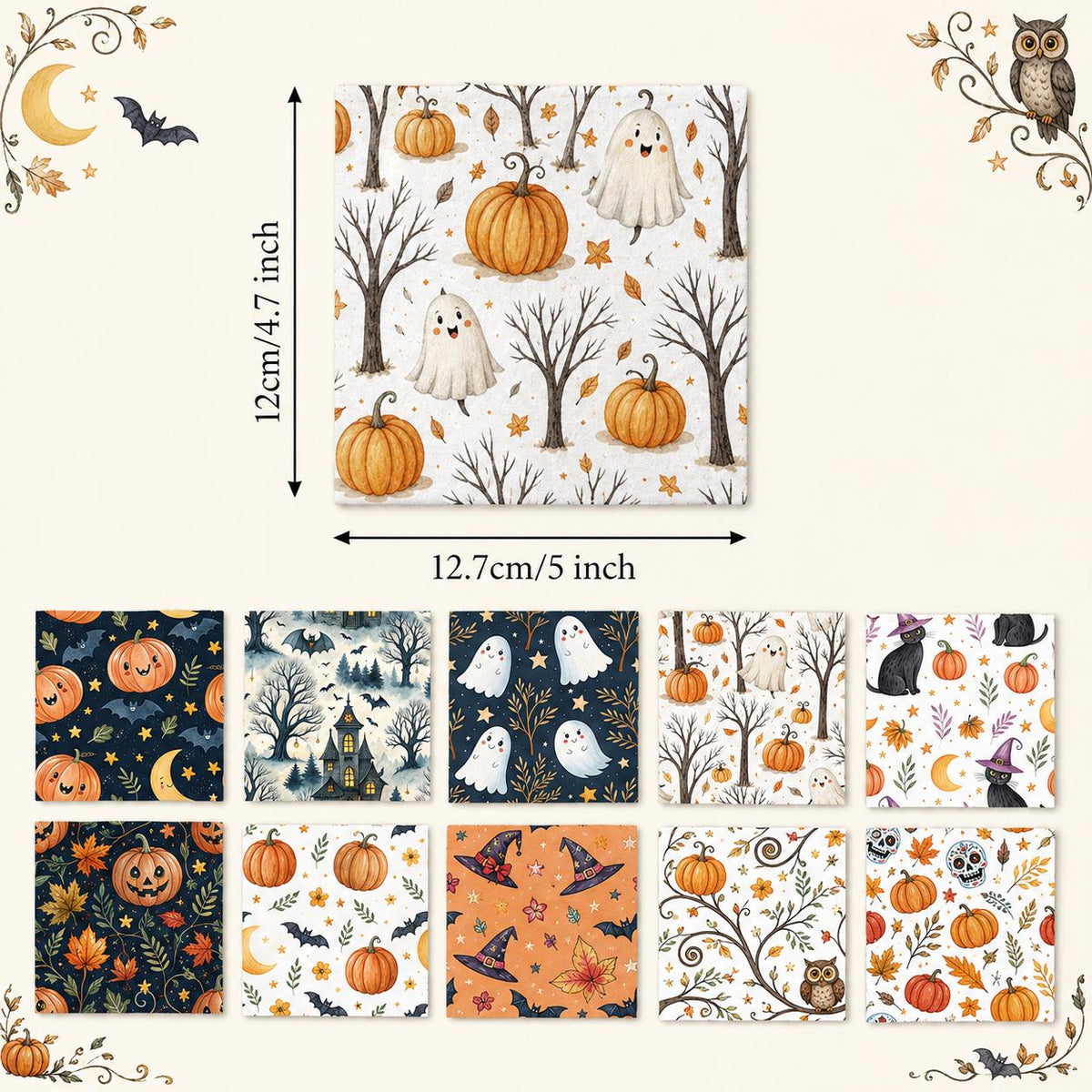 10Pc/Set Halloween Series Owl Skull Pumpkin Cat Moon Fat Quarter Fabric, Pre-Cut Square Fabric Assort, Fabric Set, Craft Fabric, Handmade DIY Patchwork Fabric,Home Quilting Sewing Fabric, Packaging Fabric, Scrapbooking Craft Hobbyist