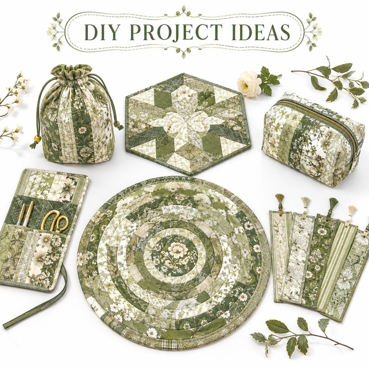 10pcs Vintage Green Floral Pattern Jelly Roll Fabric Strips 2.5X19.7inch Pre-Cut 100% Polyester For Patchwork Quilts, Table Runners, Placemats, Tote Bags, Storage Pouches, Makeup Bags, Coasters, Quilt Blocks & Binding