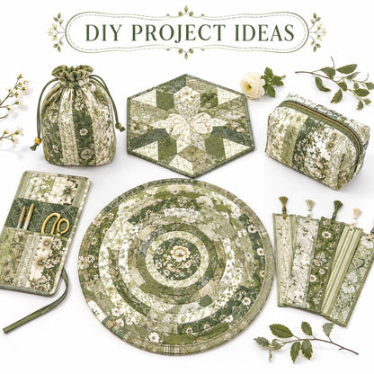 10pcs Vintage Green Floral Pattern Jelly Roll Fabric Strips 2.5X19.7inch Pre-Cut 100% Polyester For Patchwork Quilts, Table Runners, Placemats, Tote Bags, Storage Pouches, Makeup Bags, Coasters, Quilt Blocks & Binding