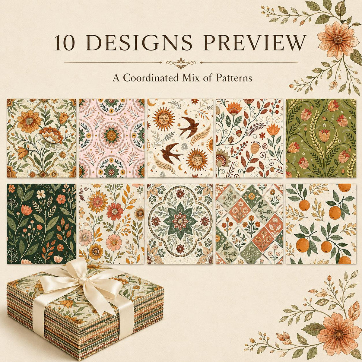 10pcs Charm Pack Set Floral Pattern 100% Polyester Patchwork in 10 Design Styles, Ready-to-Sew Without Cutting, Suitable For Patchwork Wallet Making Gift Giving Tote Bags Coasters DIY Craft Projects