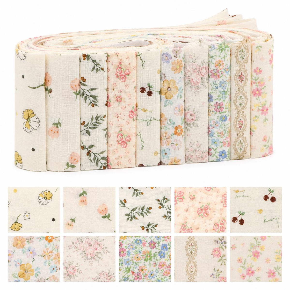 10pcs Vintage Floral Pattern Jelly Roll Fabric Strips 2.5X19.7inch Pre-cut 100% Polyester for Patchwork Quilts, Table Runners, Placemats, Tote Bags, Storage Pouches, Makeup Bags, Coasters, Quilt Blocks & Binding Multi-color