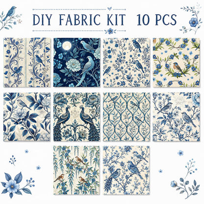 10Pc/Set Blue Flower Bird Series Fat Quarter Fabric, Pre-Cut Square Fabric Assort, Fabric Set, Craft Fabric, Handmade DIY Patchwork Fabric,Home Quilting Sewing Fabric, Packaging Fabric, Scrapbooking Craft Hobbyist