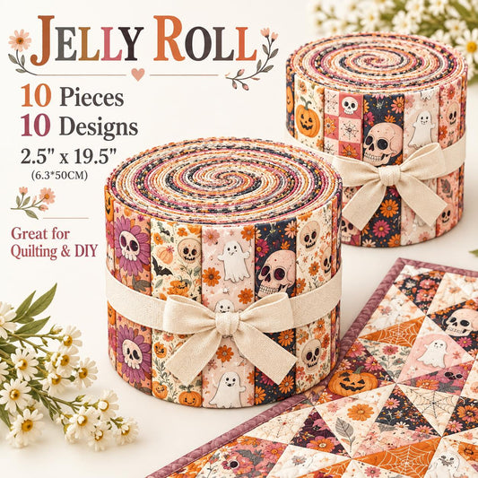10pcs Vintage Halloween Bat Ghost Pattern Jelly Roll Fabric Strips 2.5X19.7inch Pre-Cut 100% Polyester For Patchwork Quilts, Table Runners, Placemats, Tote Bags, Storage Pouches, Makeup Bags, Coasters, Quilt Blocks & Binding