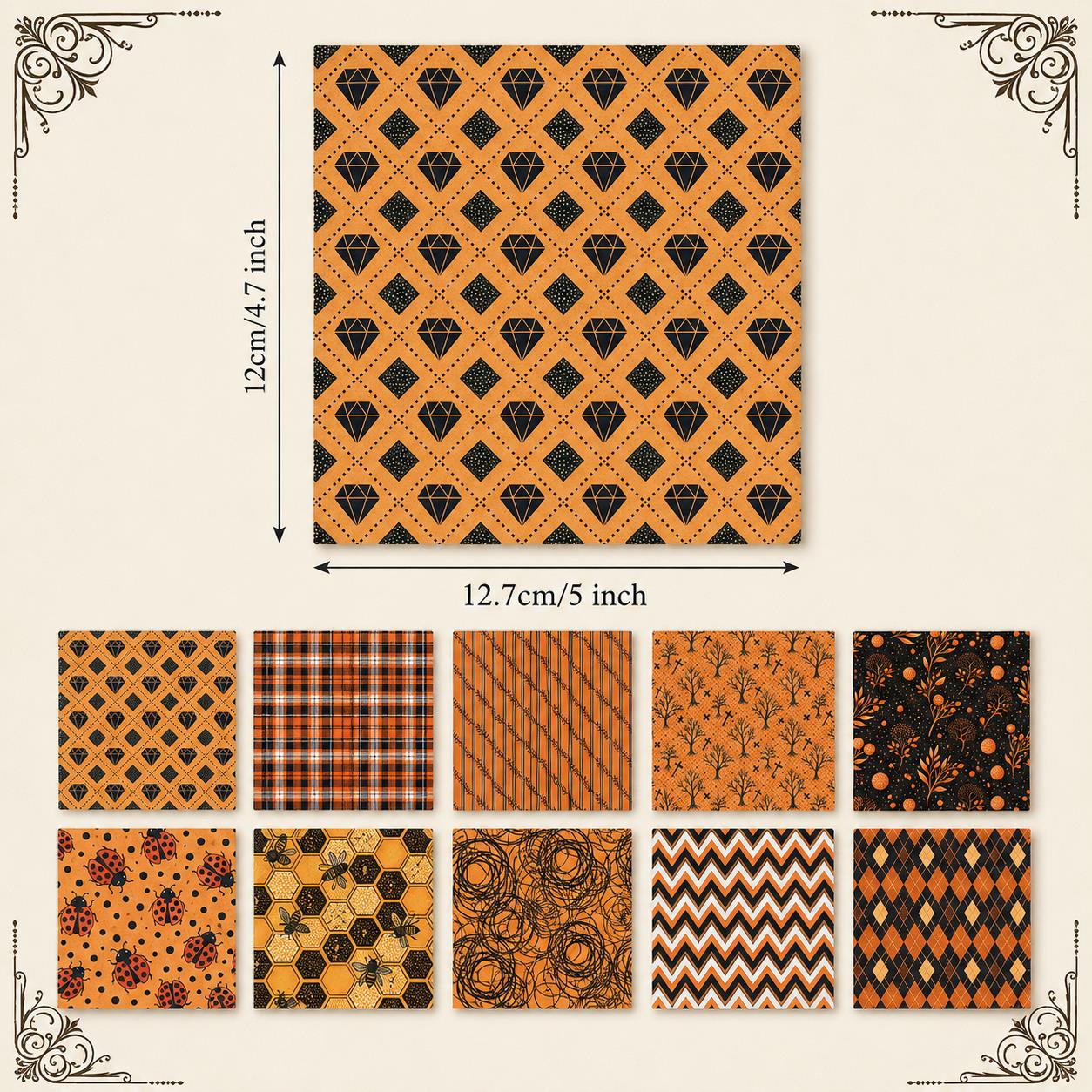 10Pc/Set Autumn Orange Series Ladybug Stripe Bee Dot Hexagon Fat Quarter Fabric, Pre-Cut Square Fabric Assort, Fabric Set, Craft Fabric, Handmade DIY Patchwork Fabric,Home Quilting Sewing Fabric, Packaging Fabric, Scrapbooking Craft Hobbyist