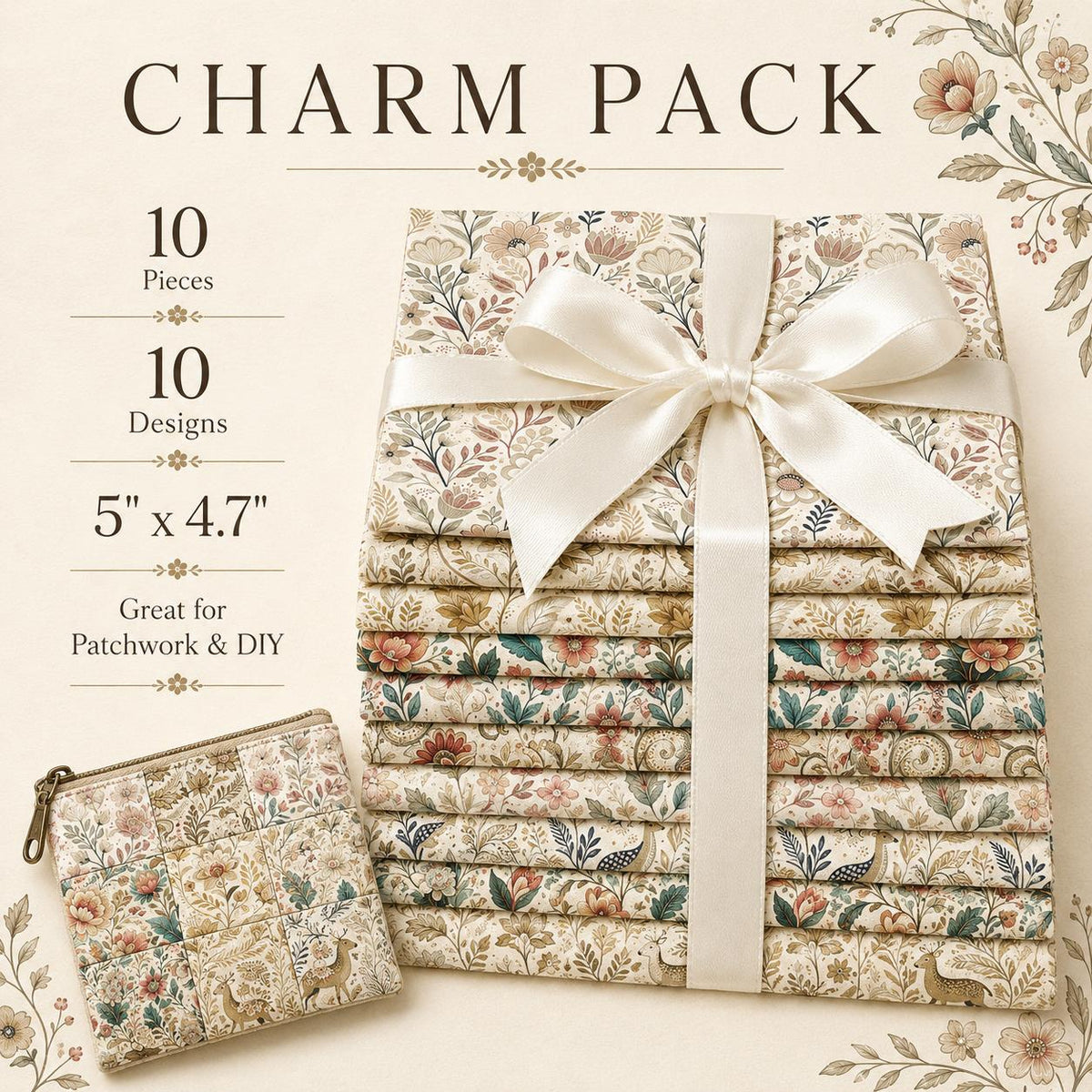 10pcs Charm Pack Set Floral Vintage Style Pattern Handmade DIY with Rich Color and Texture Elements 100% Polyester Patchwork in 10 Design Styles Suitable for Patchwork DIY Craft Projects DIY Wallet Making Gift Giving Bag Making Mother's Day Gift
