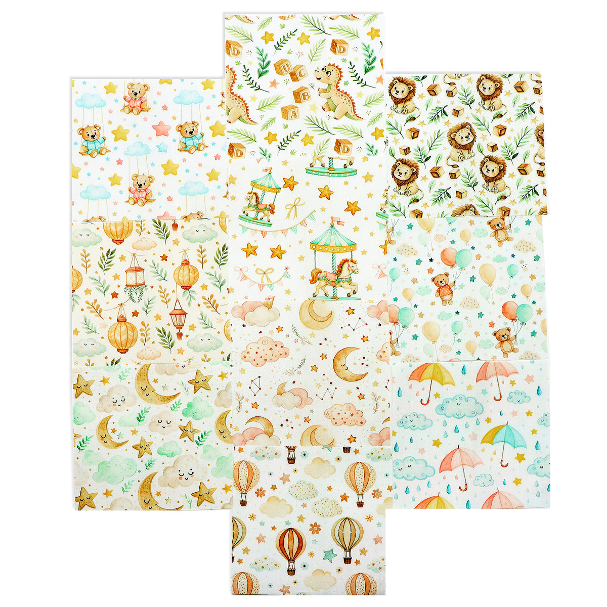 10Pc/Set Animal Series Dinosaurs Lions Bear Moon Umbrella Balloon Cloud Fat Quarter Fabric, Pre-Cut Square Fabric Assort, Fabric Set, Craft Fabric, Handmade DIY Patchwork Fabric,Home Quilting Sewing Fabric, Packaging Fabric, Scrapbooking Craft Hobbyist