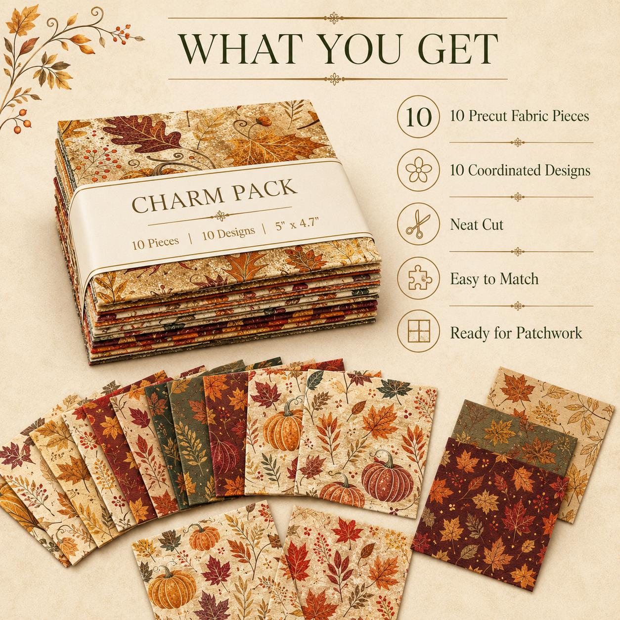 10pcs Charm Pack Set Maple leaf Pumpkin Autumn Vintage Style Pattern Handmade DIY with Rich Color and Texture Elements 100% Polyester Patchwork in 10 Design Styles Suitable for Patchwork DIY Craft Projects DIY Wallet Making Gift Giving Bag Making Mother's