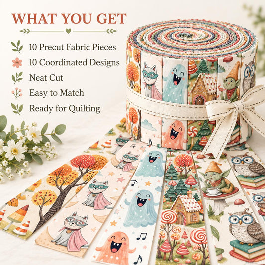 10pcs Vintage Cat Owl Monster Halloween Theme Jelly Roll Fabric Strips 2.5X19.7inch Pre-Cut 100% Polyester For Patchwork Quilts, Table Runners, Placemats, Tote Bags, Storage Pouches, Makeup Bags, Coasters, Quilt Blocks & Binding
