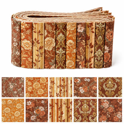 10pcs Vintage Autumn Floral Pattern Jelly Roll Fabric Strips 2.5X19.7inch Pre-Cut 100% Polyester For Patchwork Quilts, Table Runners, Placemats, Tote Bags, Storage Pouches, Makeup Bags, Coasters, Quilt Blocks & Binding