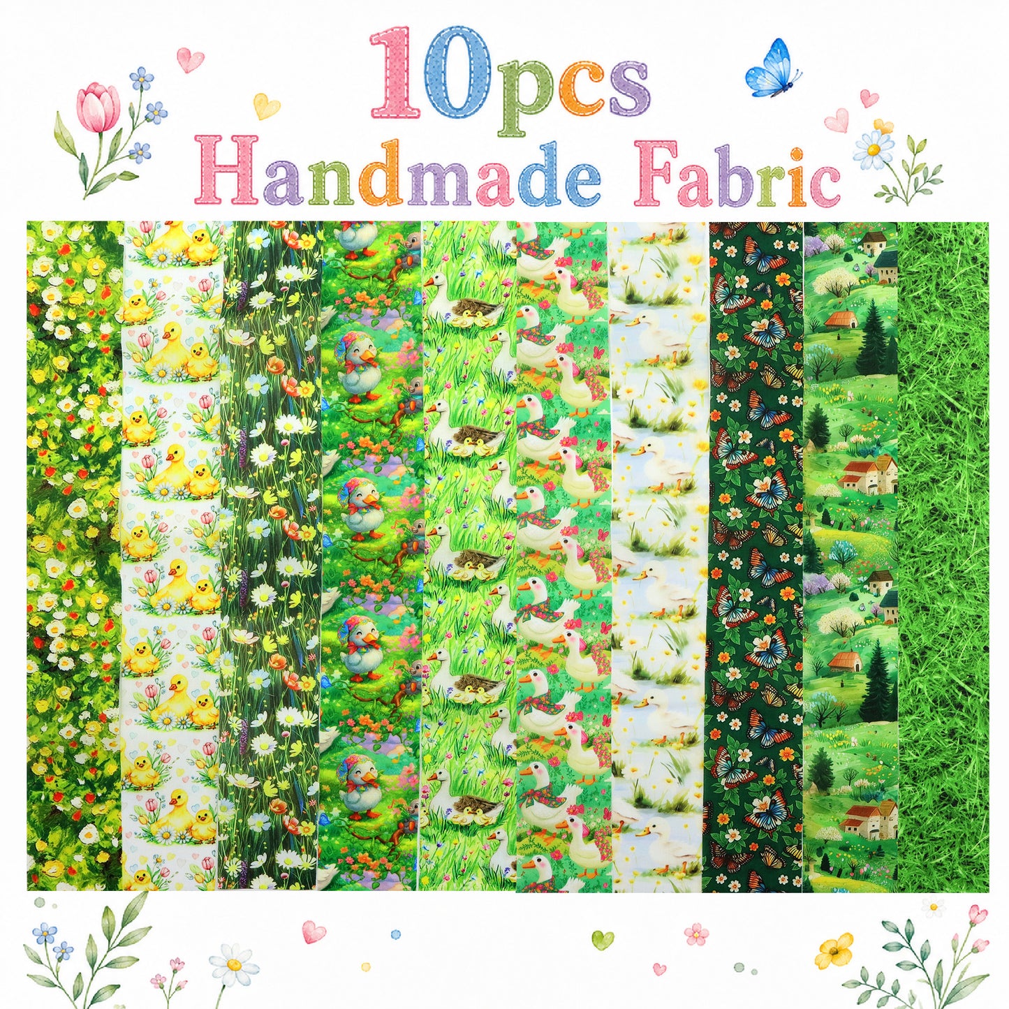 10pcs Vintage Duck Grass Jelly Roll Fabric Strips 2.5X19.7inch Pre-Cut 100% Polyester For Patchwork Quilts, Table Runners, Placemats, Tote Bags, Storage Pouches, Makeup Bags, Coasters, Quilt Blocks & Binding Birthday Gift