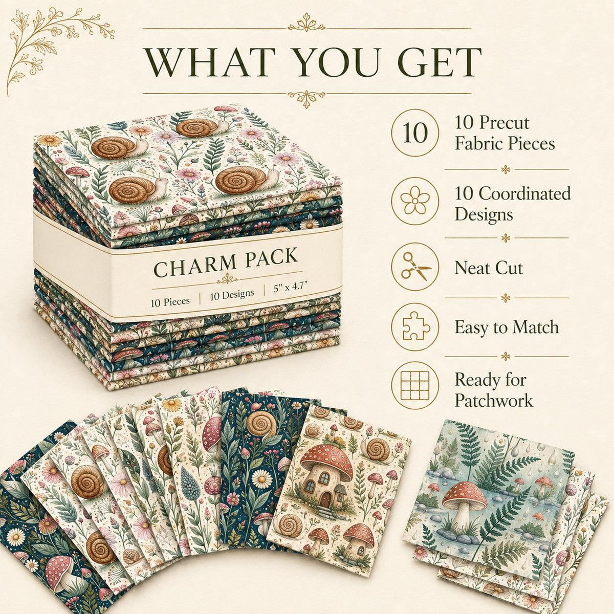 10Pc/Set Flower Mushroom Series Daisy Snails  Fat Quarter Fabric, Pre-Cut Square Fabric Assort, Fabric Set, Craft Fabric, Handmade DIY Patchwork Fabric,Home Quilting Sewing Fabric, Packaging Fabric, Scrapbooking Craft Hobbyist