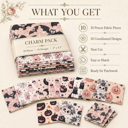 10pcs Charm Pack Set  Bat Ghost Skull Halloween Vintage Style Pattern Handmade DIY with Rich Color and Texture Elements 100% Polyester Patchwork in 10 Design Styles Suitable for Patchwork DIY Craft Projects DIY Wallet Making Gift Giving Bag Making