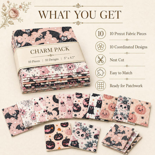10pcs Charm Pack Set  Bat Ghost Skull Halloween Vintage Style Pattern Handmade DIY with Rich Color and Texture Elements 100% Polyester Patchwork in 10 Design Styles Suitable for Patchwork DIY Craft Projects DIY Wallet Making Gift Giving Bag Making