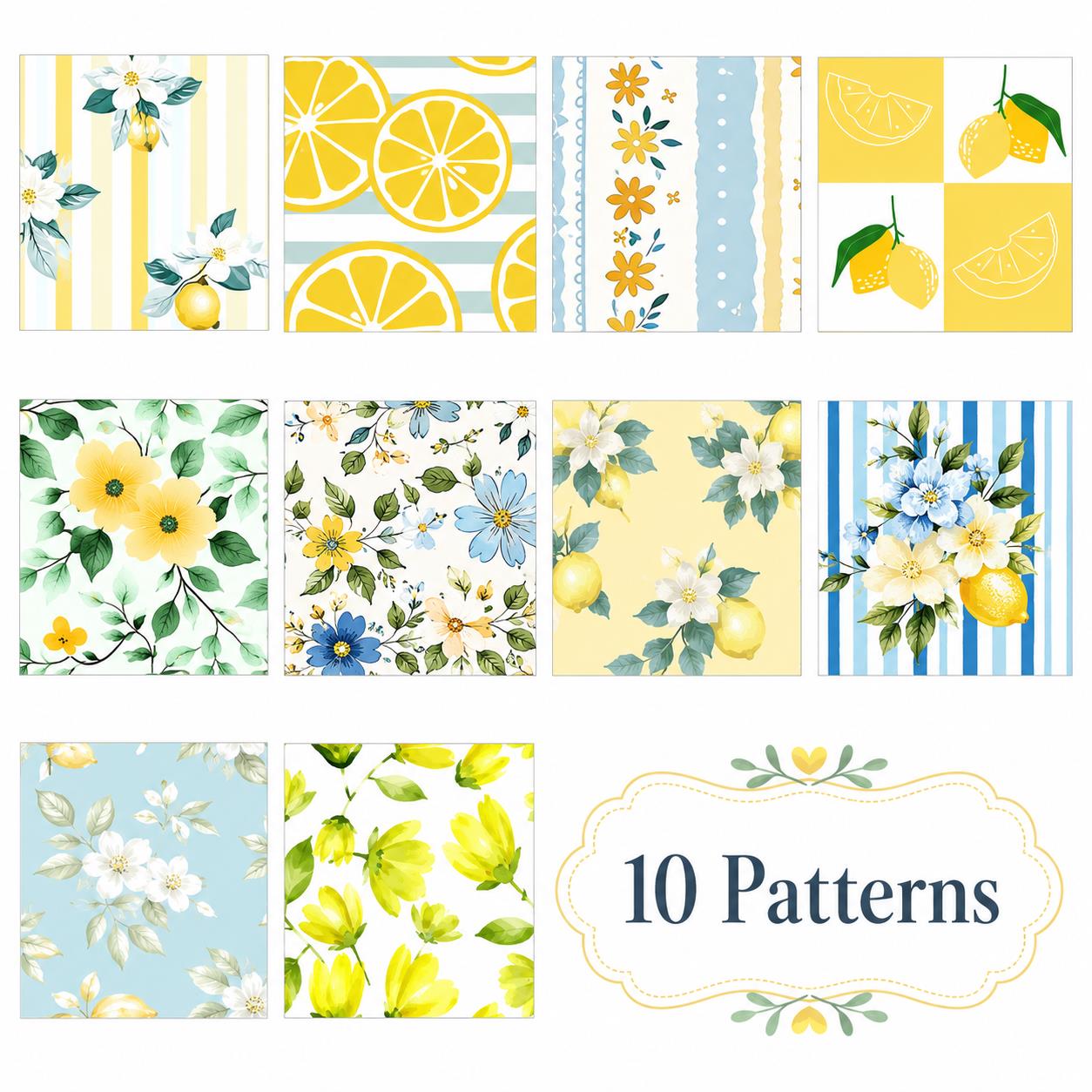 10Pc/Set, Making 10 Images 1pc Each, Each Size: 6.3*50cm Floral Plaid Lemon Series Sliced Fabric Set Style Combination, Polyester Jelly Roll Fabric Strips, Pre-Cut Quilting Squares, For Quilting DIY, Handicrafts And Sewing, Blankets, Rugs