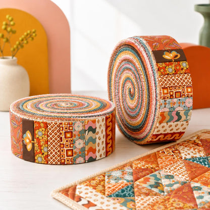 10pcs Vintage Floral Orange Pattern Jelly Roll Fabric Strips 2.5X19.7inch Pre-cut 100% Polyester for Patchwork Quilts, Table Runners, Placemats, Tote Bags, Storage Pouches, Makeup Bags, Coasters, Quilt Blocks & Binding
