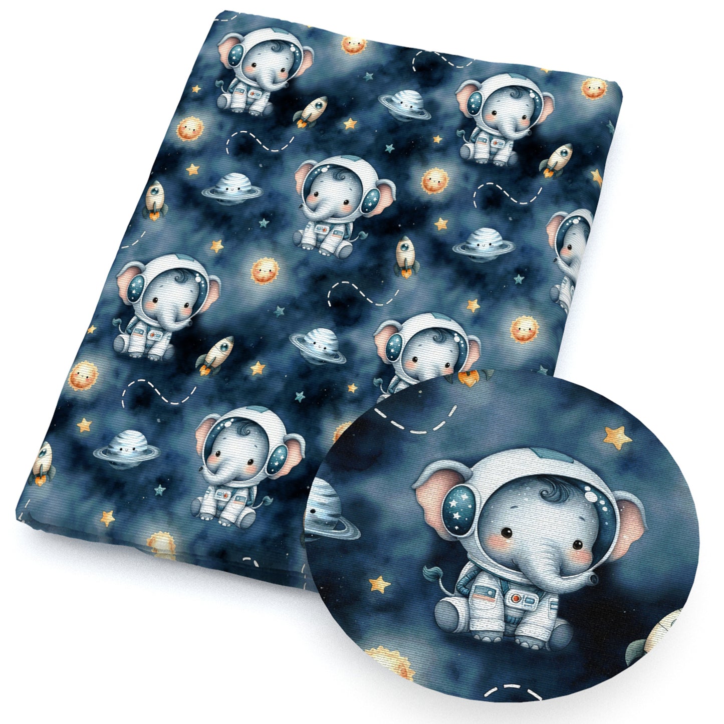 elephant planetsolar systemgalaxy rocket star starfish astronaut fabric