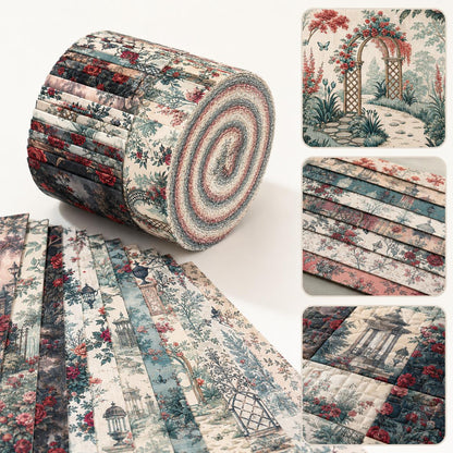 10pcs Vintage Floral Door Pavilion Pattern Jelly Roll Fabric Strips 2.5X19.7inch Pre-Cut 100% Polyester For Patchwork Quilts, Table Runners, Placemats, Tote Bags, Storage Pouches, Makeup Bags, Coasters, Quilt Blocks & Binding