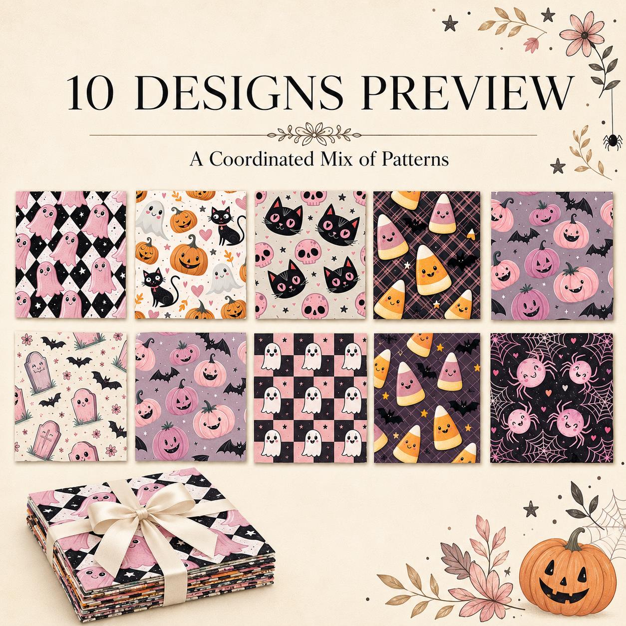 10pcs Charm Pack Set  Bat Ghost Cat Pumpkin Halloween Vintage Style Pattern Handmade DIY with Rich Color and Texture Elements 100% Polyester Patchwork in 10 Design Styles Suitable for Patchwork DIY Craft Projects DIY Wallet Making Gift Giving Bag Making