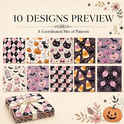10pcs Charm Pack Set  Bat Ghost Cat Pumpkin Halloween Vintage Style Pattern Handmade DIY with Rich Color and Texture Elements 100% Polyester Patchwork in 10 Design Styles Suitable for Patchwork DIY Craft Projects DIY Wallet Making Gift Giving Bag Making